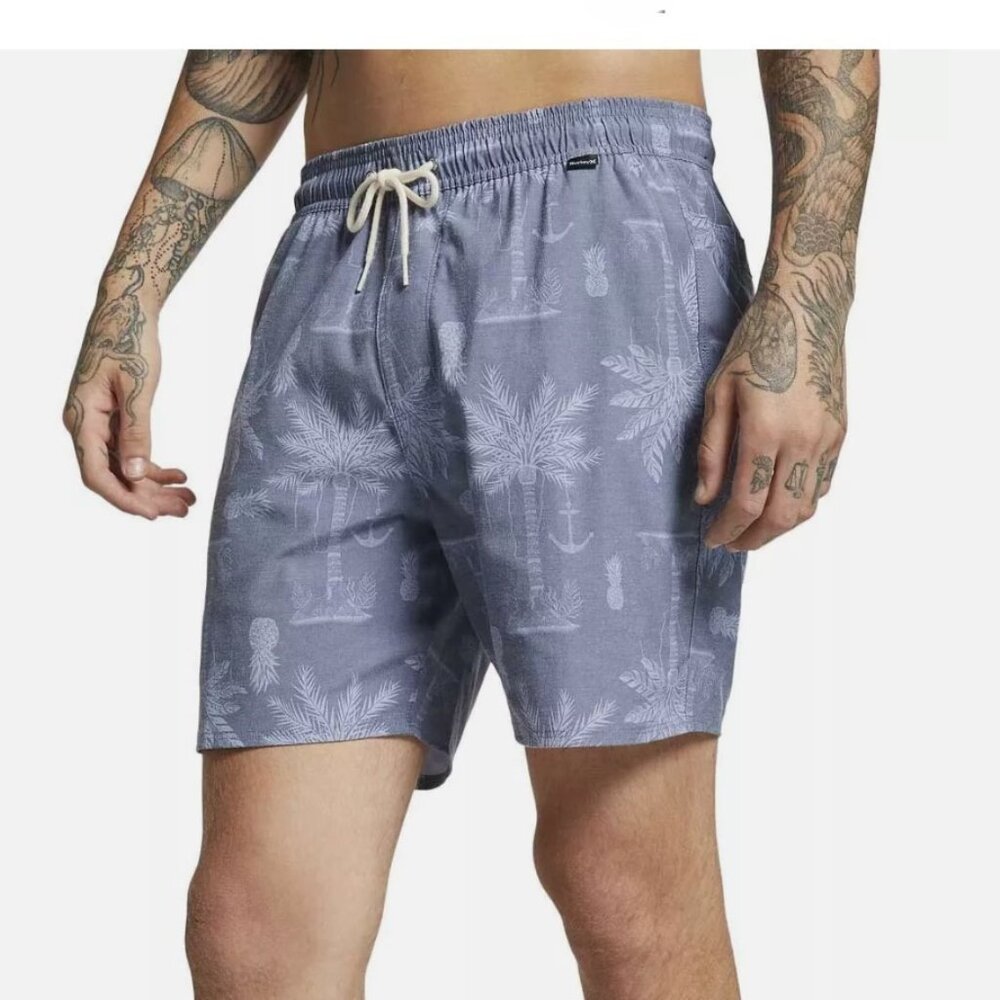 Hurley Medium Asylum Volley 17 Shorts Gray Pineapple Palm Tree Casual Wear - Picture 1 of 14